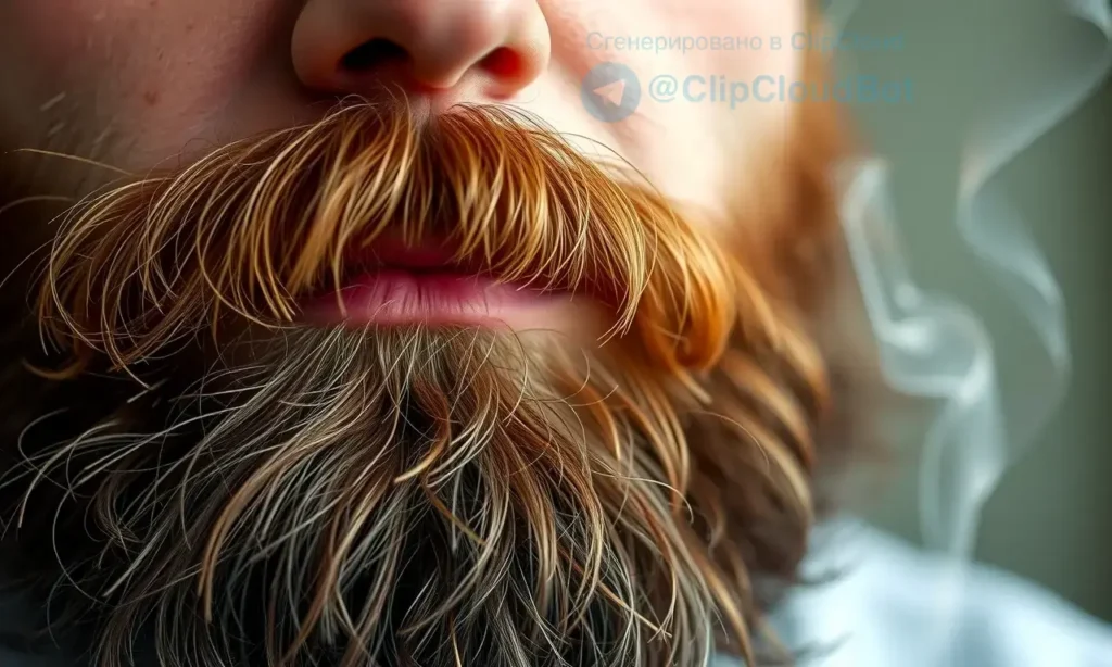 A close-up, detailed image of a man's beard with a subtle, realistic depiction of a tobacco scent visualized as faint, swirling particles around the beard. The man's face is partially visible, showing a neutral expression. Soft, diffused lighting.