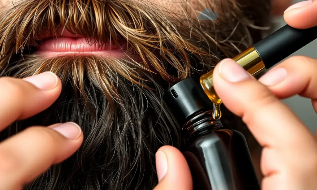A close-up, detailed image of a man's beard being moisturized with beard oil. The beard should be thick and well-groomed. The oil bottle should be visible, with a focus on the texture of the oil being applied. Soft, natural lighting.
