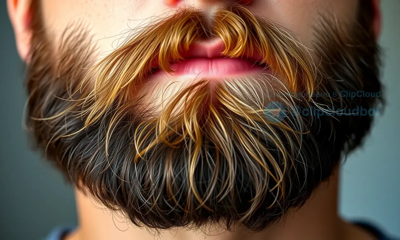 A close-up portrait of a man's beard, showing a natural gradient where the roots are a deep, rich brown and the tips gradually fade to a lighter, almost blonde hue, with subtle lighting to emphasize the color transition and realistic texture of the hair