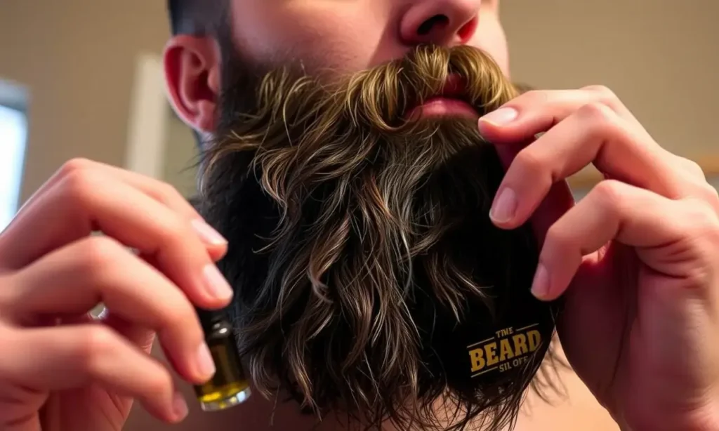 A man with a full, well-groomed beard is shown applying a moisturizing beard oil to his beard. He is indoors, possibly in a bathroom, with soft, warm lighting. The focus is on the beard and the oil application.