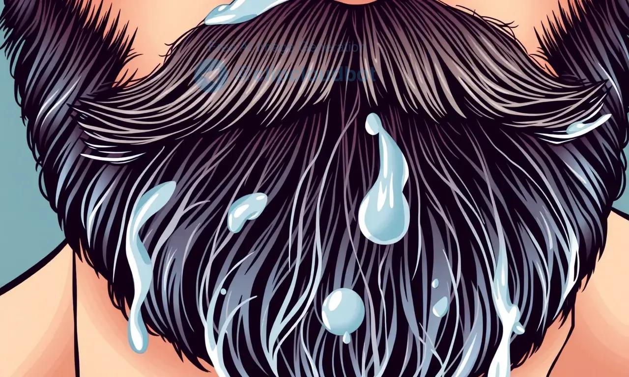 A close-up, detailed illustration of a man's beard, showing the texture and individual hairs. The beard is slightly damp, suggesting it has been washed. Focus on the natural oils and potential residue that might remain after shampooing. The lighting should highlight the beard's depth and complexity.