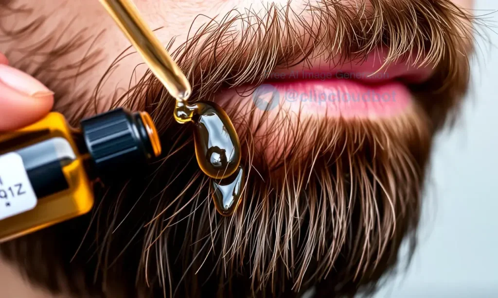 A close-up, detailed image of a man's beard with a few drops of hair oil being applied to it. The beard should be well-groomed and healthy-looking. The oil should shimmer slightly. Focus on the texture and shine of the beard and the oil.