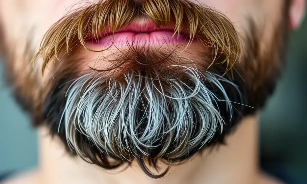 A close-up photo of a man's beard with some ingrown hairs visible. The beard should be well-groomed but show signs of recent beard trimming. Focus on the texture of the beard and the affected areas.