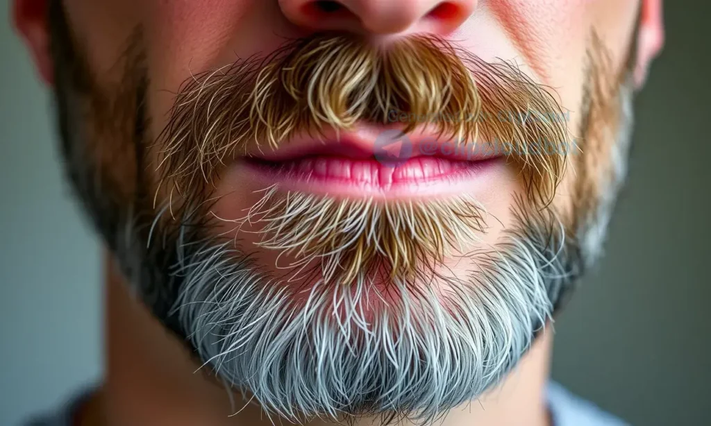 Close-up image of a man's face with a beard, showing flaky skin underneath. The skin should appear slightly irritated and dry. Soft, natural lighting.