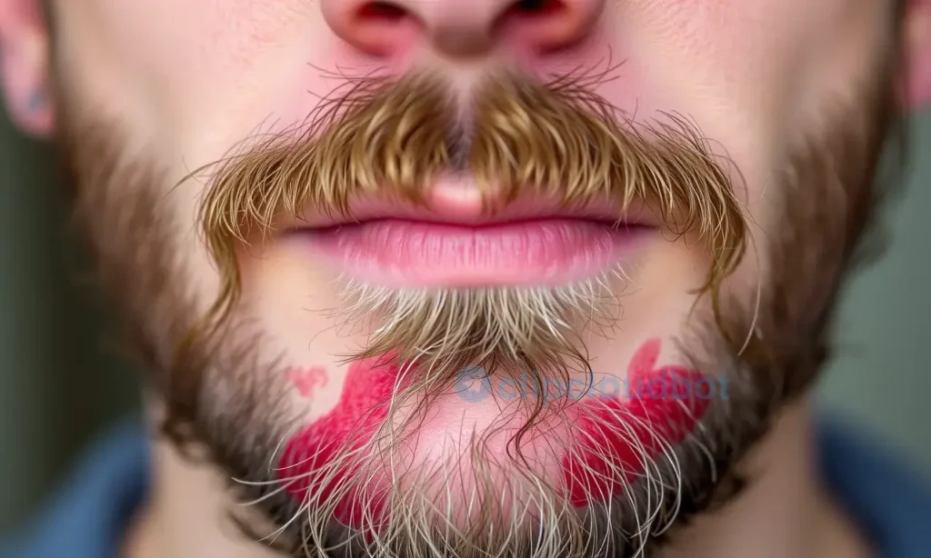 Close-up image of a man's face with a visible patch of red, irritated skin under his beard. Focus on the texture of the skin and the redness.
