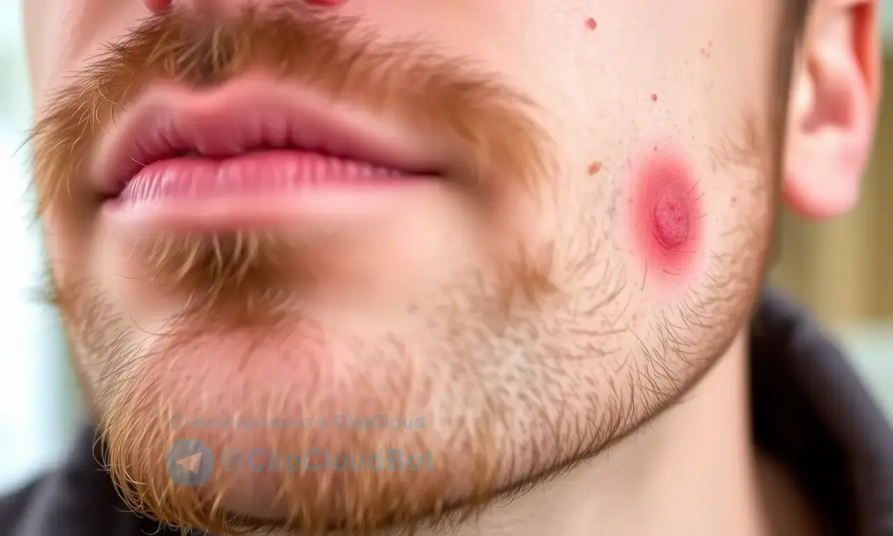 Close-up of a man's face showing redness and inflammation on his cheeks and chin, possibly after using beard oil. Focus on the skin texture and the affected areas.