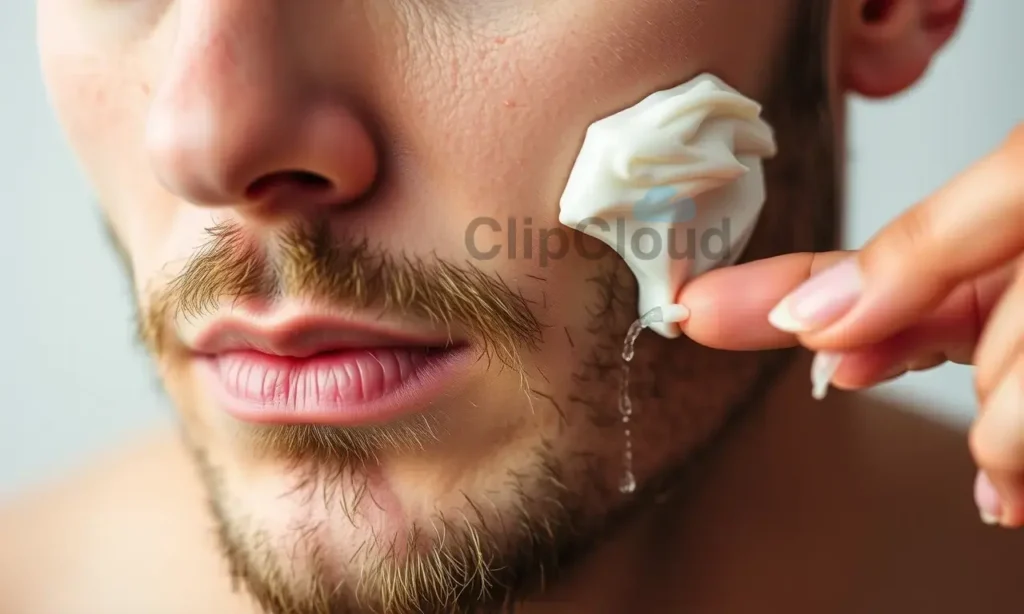 A close-up image depicting a person's face after shaving and trimming facial hair. The focus is on the skin, showing signs of dryness. A gentle, hydrating moisturizer is being applied to the skin. Soft, diffused lighting highlights the texture of the skin and the moisturizer.