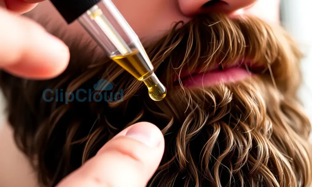 A close-up, detailed image of a man's beard being moisturized with beard oil. The beard is thick and well-groomed. The oil is being applied with a dropper. Soft, natural lighting.