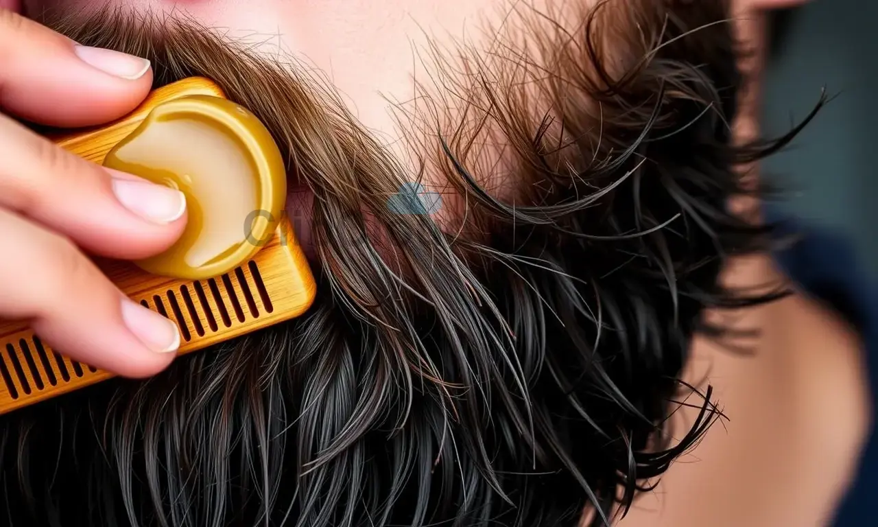 A close-up image showing a man's beard being groomed with a wooden comb and a beeswax balm. The beard is well-maintained and healthy-looking. Focus on the texture of the beard and the balm being applied.