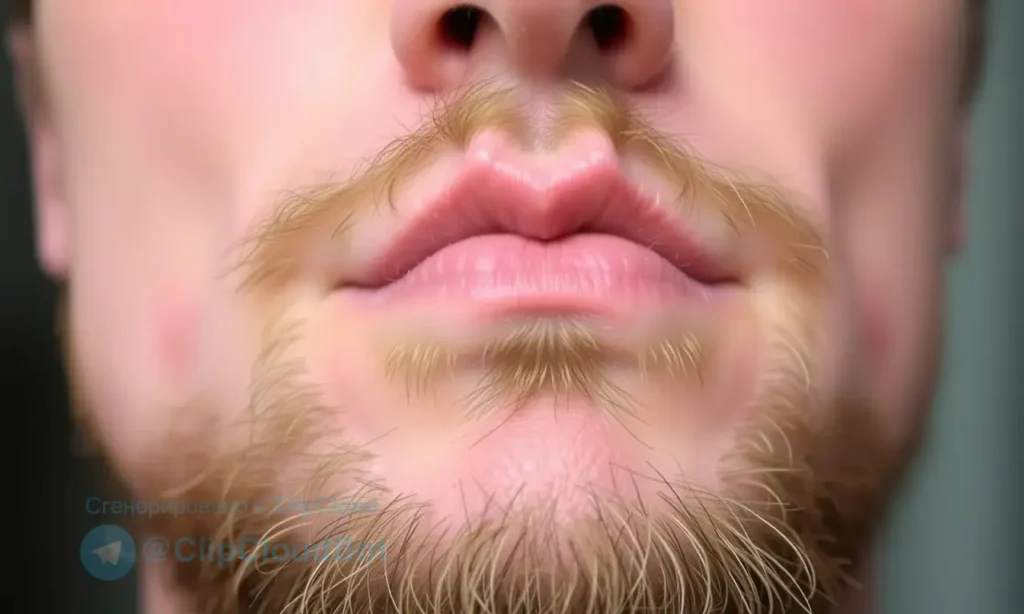 A close-up photo of a man's face showing redness and slight irritation on his cheeks and chin, possibly after using beard oil. The skin should appear slightly flushed. Focus on the skin texture and the redness.