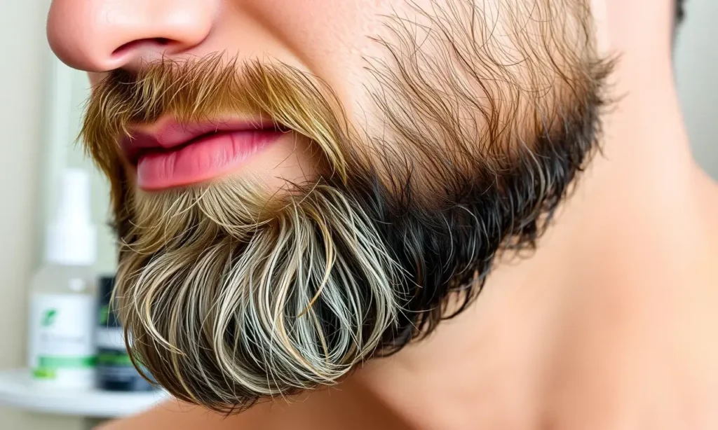 A close-up shot of a man with a well-groomed beard, showcasing healthy skin underneath. The focus is on the beard and the skin, highlighting a clean and healthy appearance. The background is blurred and neutral, drawing attention to the subject. The lighting is soft and natural, emphasizing skin texture and beard detail. Products for beard care are subtly placed in the background, suggesting a skincare routine.