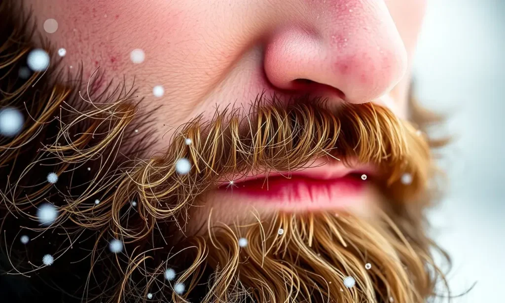 A close-up of a man's face with a full beard, showing red, irritated skin beneath the beard due to wind and cold exposure, with subtle wind-blown snowflakes in the background and a soft, natural outdoor winter lighting, emphasizing skin texture and discomfort without any text or symbols