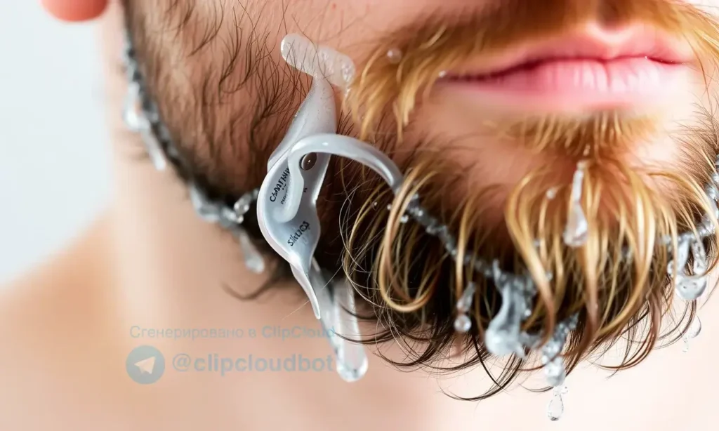 A close-up, detailed image of a man's beard after washing with shampoo. The beard should appear slightly damp, with visible strands and texture. Focus on the beard's condition and how it looks after cleansing.