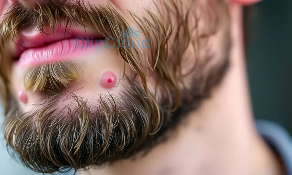A close-up, detailed image of a man's beard with a few small, red bumps or irritation visible. The beard is well-groomed but shows signs of recent care. Soft, natural lighting. Focus on the texture of the beard and the irritation.