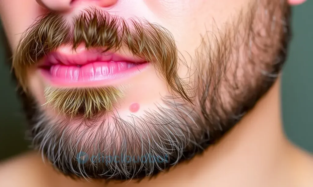 A close-up, detailed image of a man's beard with a few visible blemishes on the skin underneath. The beard is well-groomed, showing texture and individual hairs. The skin is light to medium toned and has a few small, scattered pimples and blackheads. Focus on the beard and skin texture.