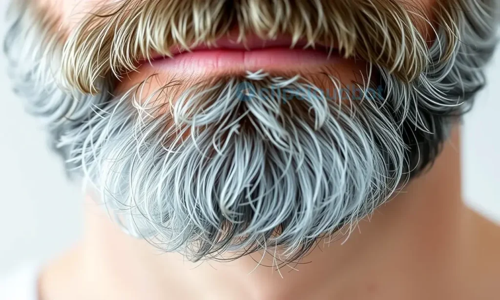 A close-up, high-quality image depicting a man's beard after 30, showcasing healthy, slightly graying hair with a natural texture. The skin around the beard should be visible, showing subtle signs of age like fine lines but appearing well-hydrated and healthy. Soft, natural lighting.