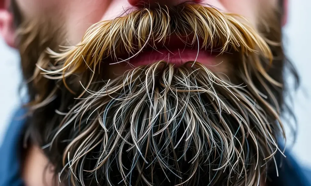 A close-up, detailed image of a man's beard with static electricity visibly causing strands to stand on end. The beard is thick and well-groomed, with a slightly textured appearance. The background is blurred, suggesting a focus on the beard's texture and static effect.
