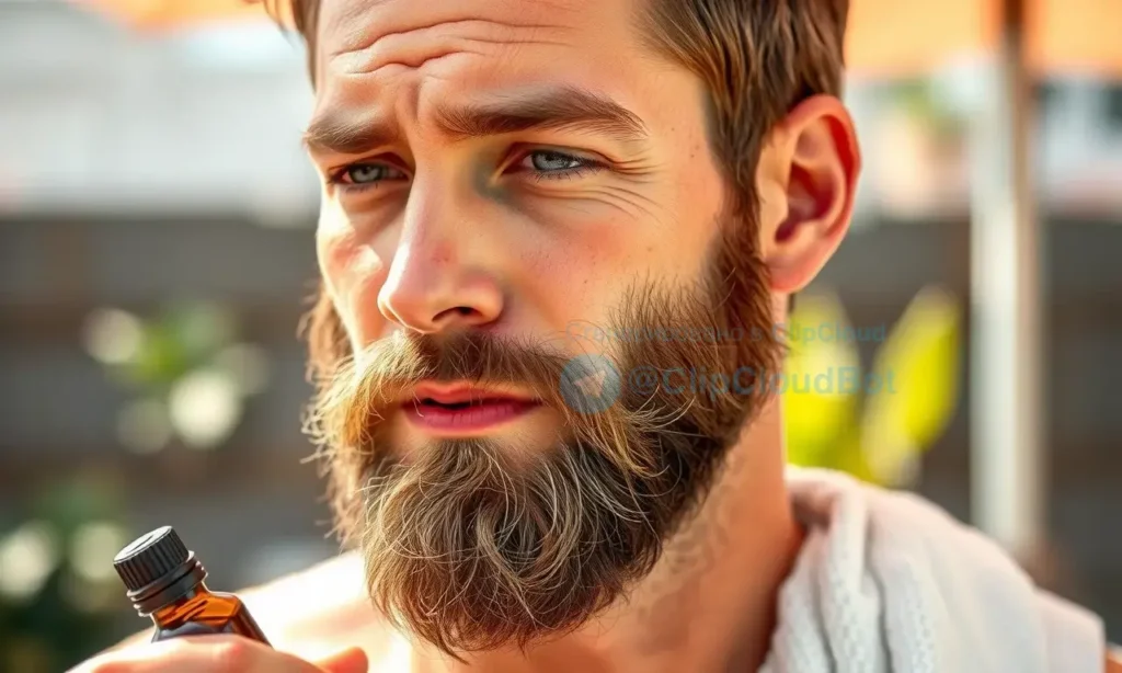A man with a well-groomed beard in a hot summer environment, sweating slightly but looking fresh and clean, holding a small bottle of beard oil and a clean towel nearby, natural sunlight, outdoor setting with subtle greenery, no visible odor or dirt, realistic skin texture, hygienic and refreshing atmosphere