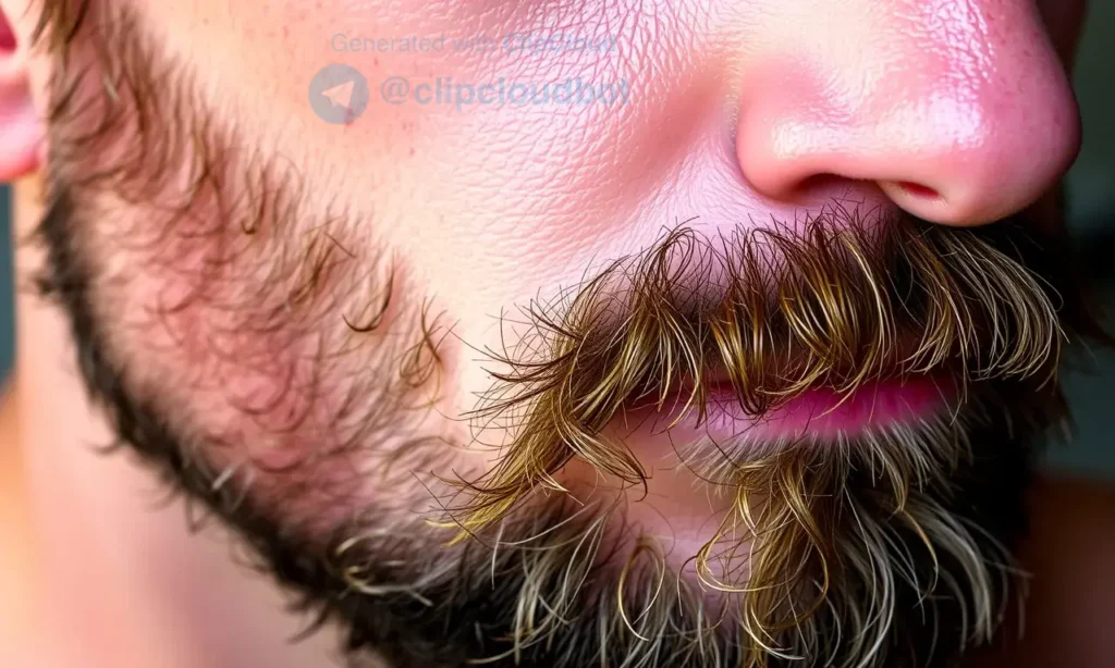 Close-up image of a man's face with a beard. The beard has some flaky skin visible, particularly around the cheeks and chin. The skin is slightly red and irritated. The lighting is soft and natural, highlighting the texture of the beard and skin.