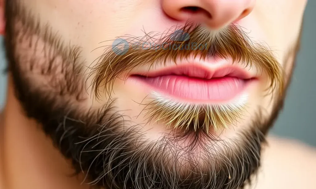 Close-up portrait of a man with a well-groomed beard. The focus is on the skin beneath the beard, showing signs of potential irritation or dryness due to excessive use of skincare products. Soft, natural lighting.