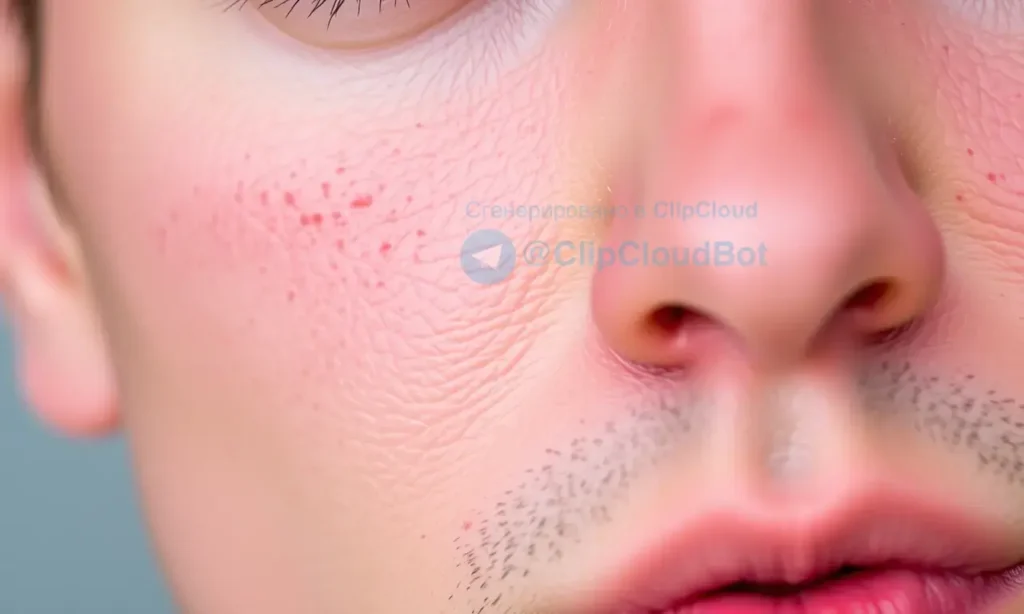 Close-up of a man's face with a slightly flushed complexion, showing healthy skin. Focus on the skin texture and subtle redness. The lighting should be soft and natural, highlighting the skin's appearance.
