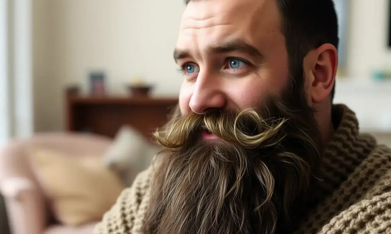 A man with a full, thick beard is shown indoors, possibly in a cozy living room. He is wearing a warm sweater and looking at the camera with a slight smile. The background is blurred but suggests a warm, inviting atmosphere with soft lighting. Focus on the beard's texture and how it appears slightly damp or with a subtle sheen, indicating the removal of static.