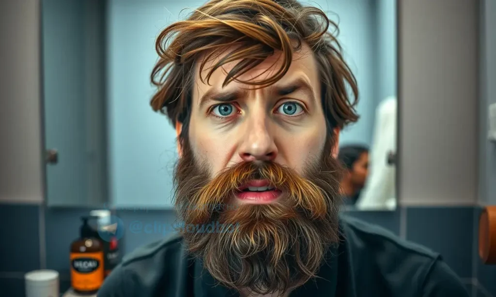 A close-up portrait of a man with a messy, unkempt beard that looks disheveled and frizzy shortly after grooming, standing in front of a bathroom mirror with grooming products like beard oil, a comb, and a brush scattered on the counter, frustrated expression, highly detailed, photorealistic, cinematic lighting