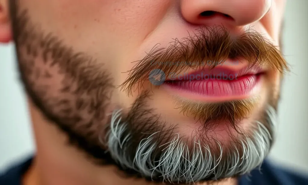 Close-up image of a man's chin and upper beard area. The focus is on the skin beneath the beard, showing a slight redness and texture indicative of itching and dryness. Soft, natural lighting.