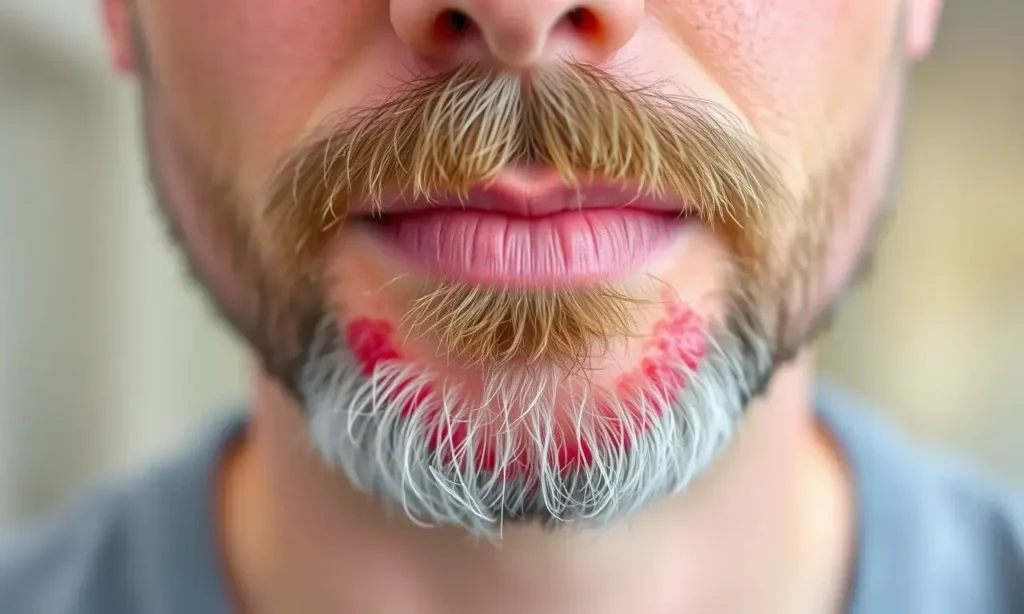 Close-up image of a man's face with a visible patch of red, irritated skin under his beard. The skin should appear slightly inflamed and textured. Focus on the area under the beard.