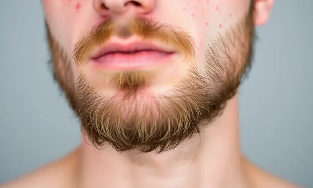 A close-up, detailed image of a man's beard with acne-prone skin. The beard is neatly trimmed, but some areas show breakouts and redness. Focus on the texture of the beard and the skin beneath.