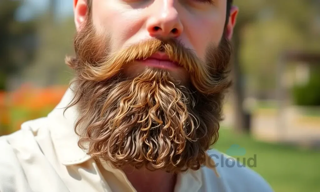 A man with a full, well-groomed beard is shown outdoors on a sunny day. He is wearing a light-colored linen shirt. The background is blurred, suggesting a park or garden. The focus is on the beard, highlighting its texture and health. The man has a relaxed expression.