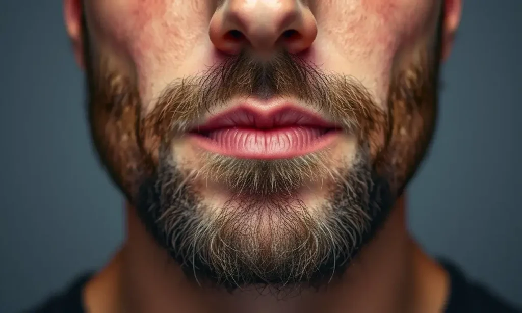 A close-up, high-quality portrait of a man's face, focusing on the area under the chin and jawline. The image should clearly show a distinct color difference between the skin on the cheeks and the darker, shadowed skin under the beard. The lighting should be soft and even to highlight the texture and tone variation without harsh shadows. The man should have a well-groomed beard.