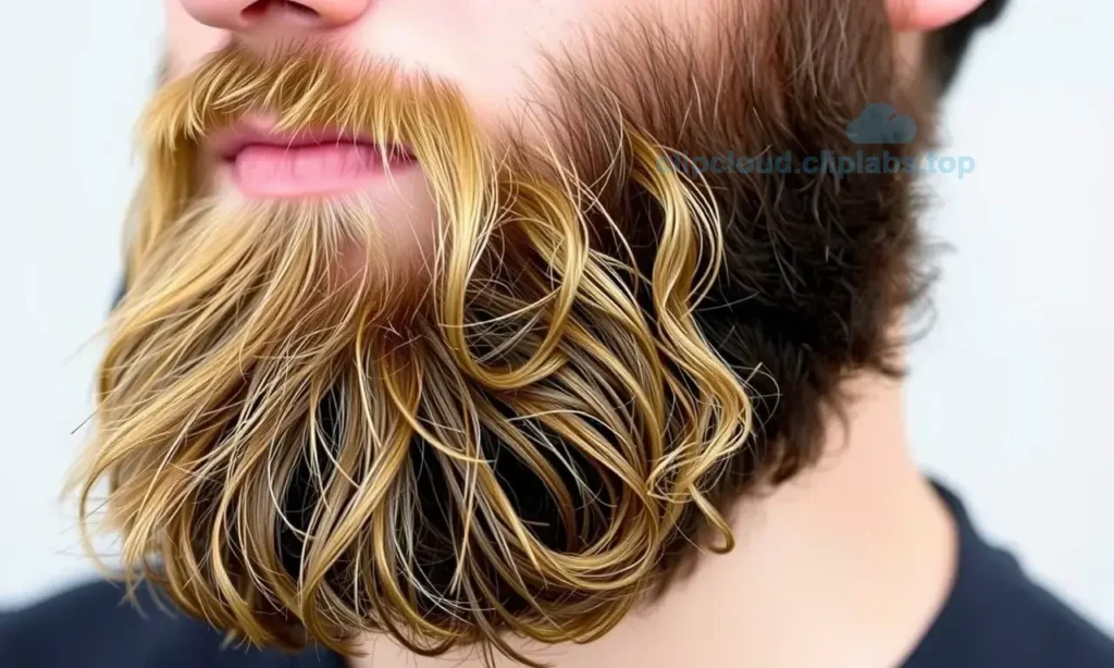 A well-groomed beard with oily roots and dry ends, showcasing the contrast between the shiny, greasy base and the rough, dry tips. The beard should be styled neatly, with a focus on the texture difference. The background should be neutral to keep the attention on the beard.
