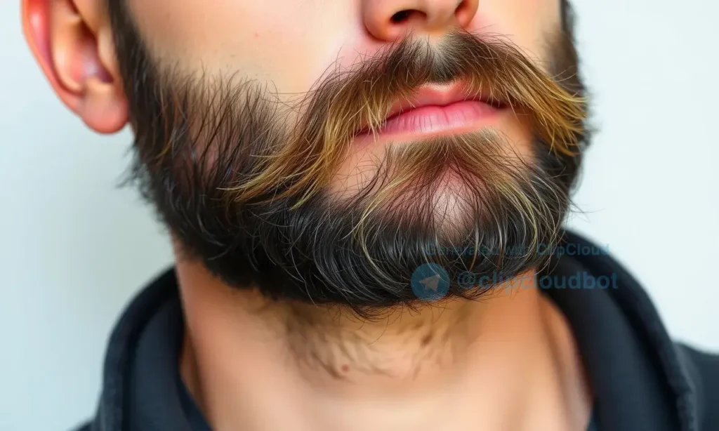 A man with a beard growing in an unusual direction, such as sideways or upward, with detailed facial hair texture and natural skin tones. The image should show the beard's irregular growth pattern clearly, with realistic lighting and facial features. Include a subtle background that does not distract from the beard.