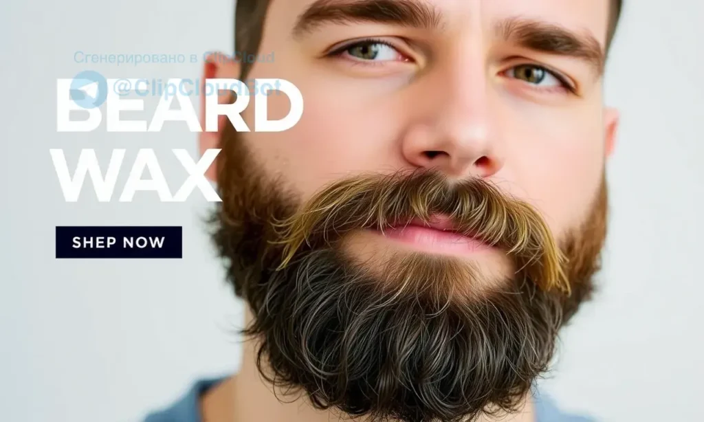 A close-up of a man's beard with beard wax applied, showing the wax holding the beard in a neat, styled shape throughout the day. The background is clean and minimalistic to emphasize the product's effectiveness. The man appears well-groomed, and the beard wax is visible but not overly shiny or artificial.