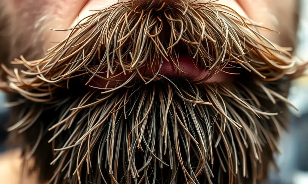 A close-up of a man's beard with coarse, stiff hair strands that appear sharp and needle-like, showing texture of unsoftened beard, natural lighting, realistic detail, no text or symbols on the beard, no salon equipment or products visible