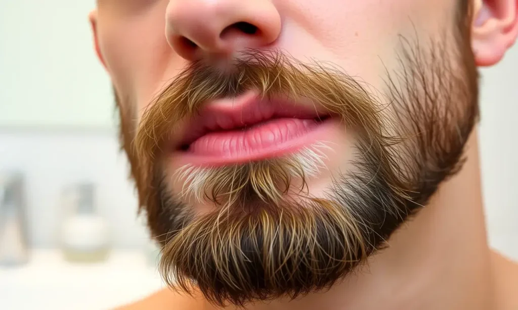 A close-up, high-quality image of a well-groomed beard with a subtle, fresh appearance. The beard should be neatly trimmed and healthy-looking. Focus on the texture and natural tones of the hair. The background should be softly blurred, suggesting a clean and modern bathroom setting.