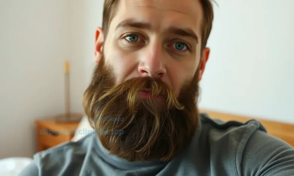 A man with a neatly trimmed beard looking slightly disheveled after waking up, with soft morning light highlighting the beard's texture and natural curl. The background is a minimalist bedroom with a wooden bed and soft fabrics, conveying a calm and relatable atmosphere.