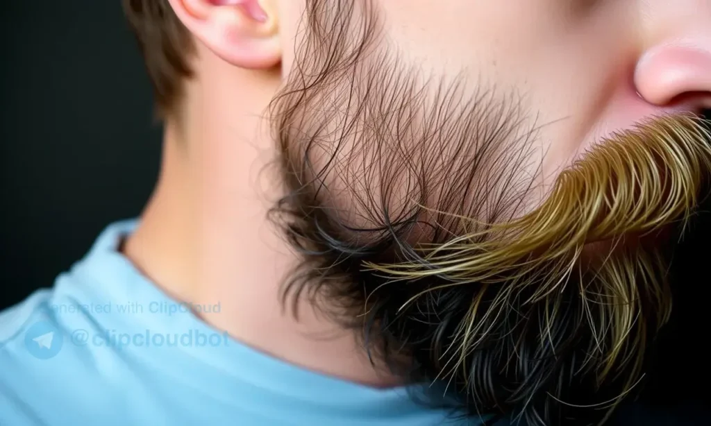 A detailed close-up of a man's face showcasing the texture difference between his beard and head hair. The beard should appear coarse and thick, while the head hair should look softer and finer. The image should highlight the contrast in texture and density between the two types of hair.