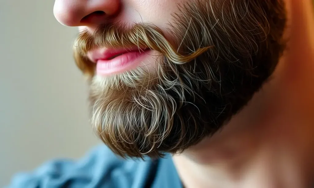A close-up shot of a man with a well-groomed beard and mustache. The focus is on the beard, highlighting its texture and healthy appearance. Soft, natural lighting emphasizes the details of the facial hair. The background is blurred and neutral.
