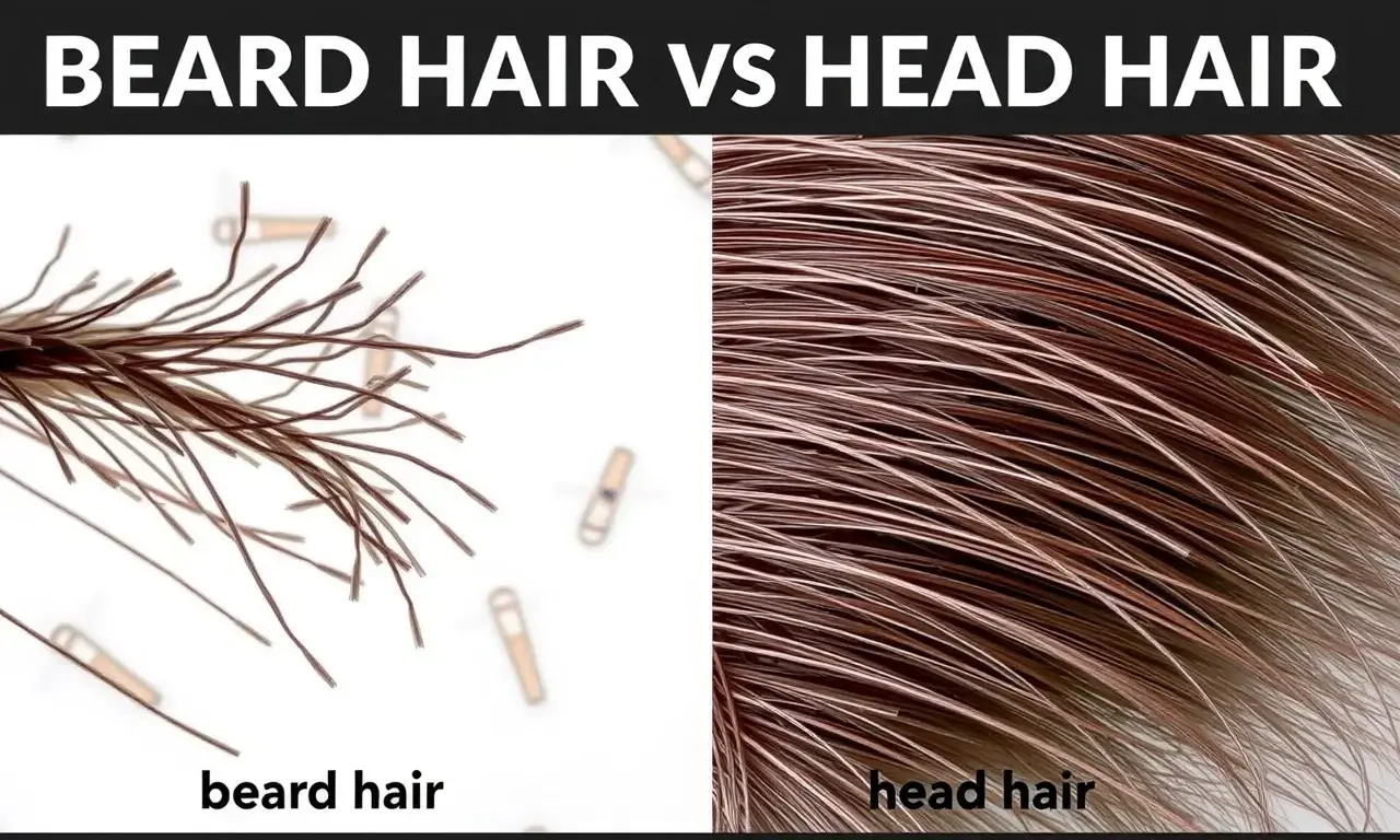 A detailed comparison of beard hair and head hair under a microscope, showing the structural differences that make beard hair coarser and thicker. The image should include a split view: one side showing a close-up of beard hair with its rough texture and the other side showing smoother head hair. The background should be neutral to keep focus on the hair details.
