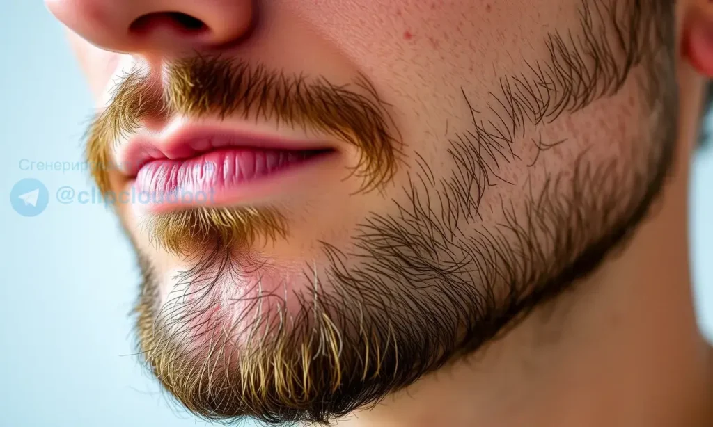 A close-up image depicting a man's face with a well-groomed beard and skin. The focus should be on the skin texture and the beard's condition. Show subtle signs of healthy skin and a neatly trimmed beard.
