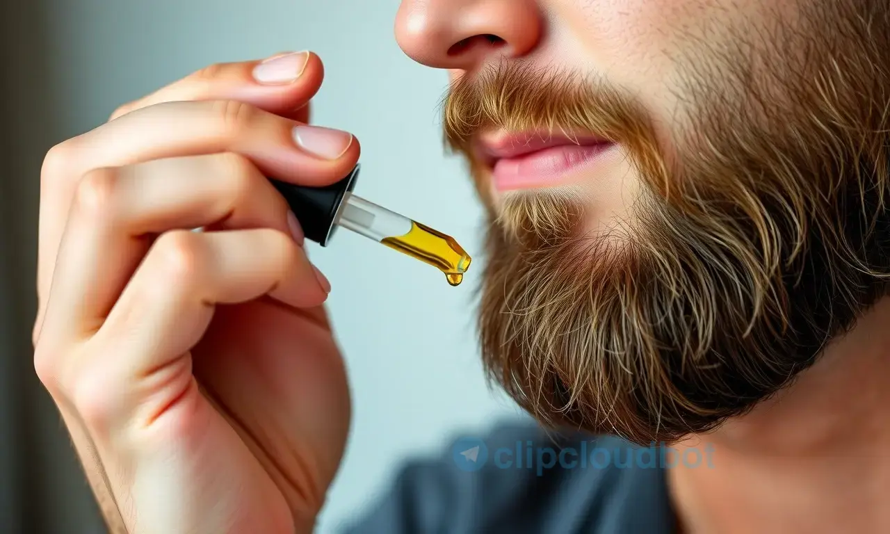A close-up, high-quality shot of a man with a well-groomed beard applying beard oil. He is holding a small dropper bottle and carefully applying the oil to his beard, with a few drops visible on his skin. The focus is on the action of application and the texture of the beard.