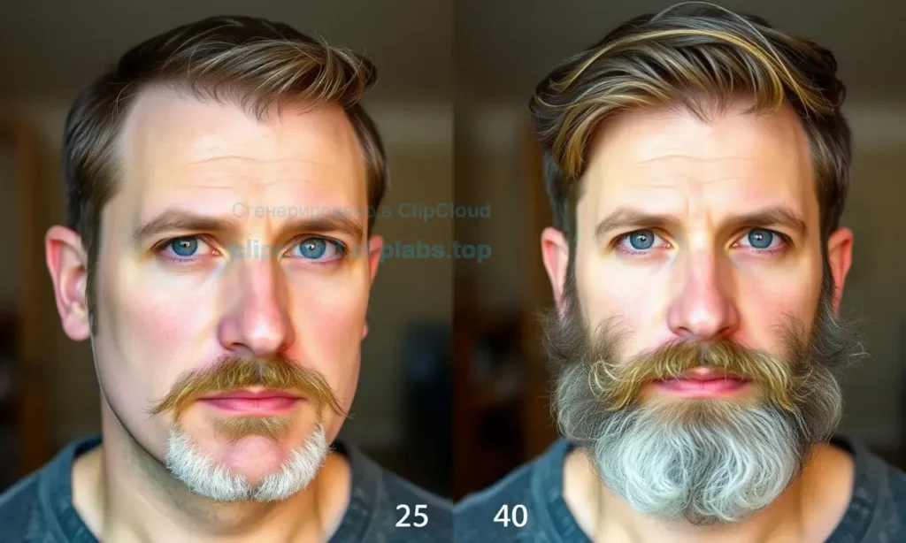 A split-screen comparison showing a man's face. On the left, a younger version (around 25) with a sparse, patchy beard. On the right, an older version (around 40) with a significantly fuller, denser, and more mature beard, illustrating the natural growth and thickening of facial hair with age. The focus is on the texture and density of the beard.