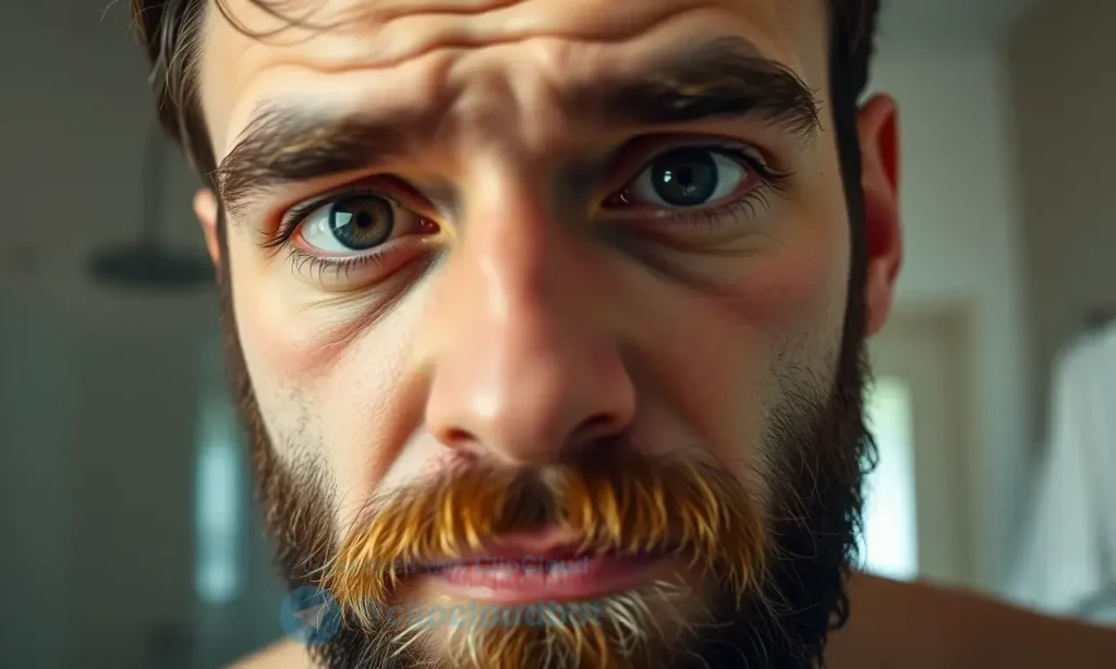 A close-up shot of a man with a well-groomed beard, looking slightly concerned. Focus on the beard itself, showing healthy, slightly textured hair. The background should be blurred and neutral, suggesting a bathroom setting. The lighting should be soft and natural, highlighting the beard's texture and color.