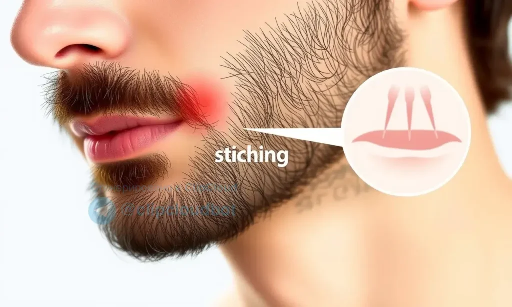 A close-up illustration of a man's face showing new facial hair growth with visible skin irritation and itching sensation, focusing on the early stage of beard growth where stubble is short and prickly, with subtle redness and microscopic irritation around hair follicles, soft natural lighting, realistic skin texture, no text or symbols