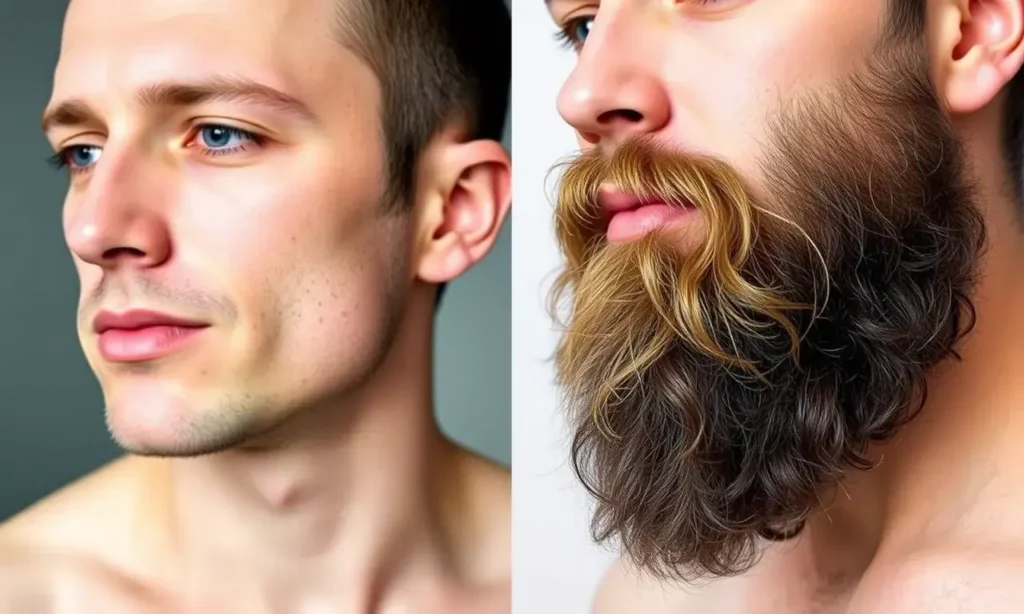 A split-screen comparison of a man's face. The left side shows a clean-shaven face, while the right side shows the same face with a thick, well-grown beard, illustrating the difference in beard growth. The image should be clean, with no text, logos, or watermarks.