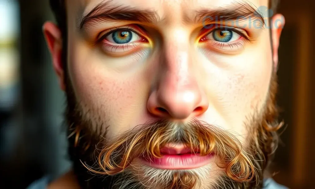 A close-up, high-quality image of a man with a well-groomed beard, showcasing healthy skin and a slight sheen from beard oil. The man has a neutral expression, looking directly at the camera. Soft, natural lighting.