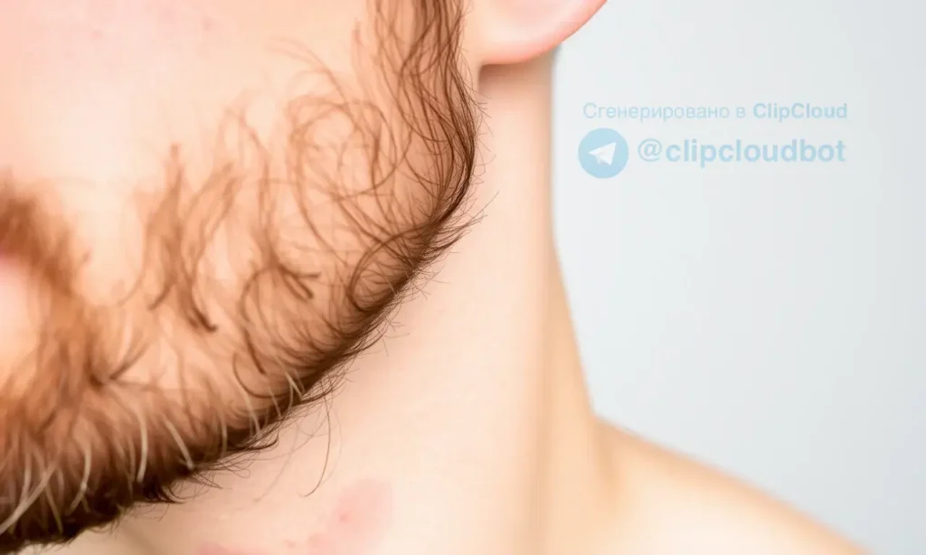 A close-up image of a man's face with a beard, focusing on the area under the beard where the skin is slightly flaky and dry after a shower. The skin should appear slightly red and irritated, indicating the issue described in the article. The beard should be well-groomed but not overly styled. The background should be neutral and not distracting, allowing the focus to remain on the skin condition.