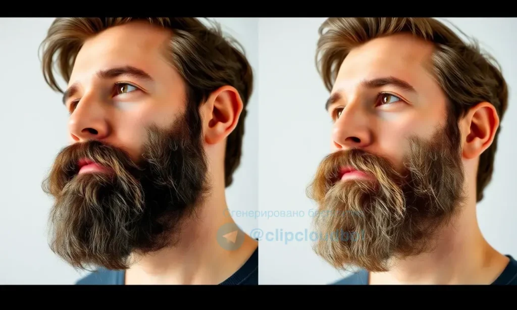 A split-screen comparison image showing a man's beard. On the left side, the beard is dark, rich, and healthy-looking. On the right side, the same beard is visibly faded, lighter in color, and appears dry, illustrating the effect of sun exposure. The background is a neutral, soft-focus studio setting.